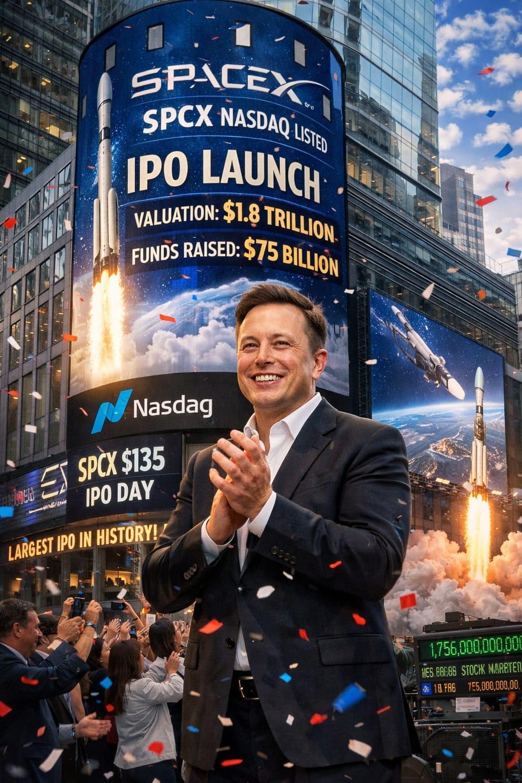 Elon Musk celebrates SpaceX’s IPO debut at Nasdaq with a rocket launch backdrop, highlighting a $135 share price and $1.8 trillion valuation.