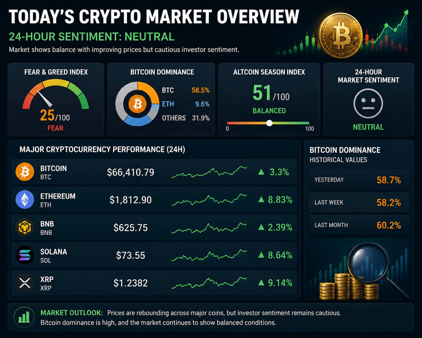 Crypto market overview showing Bitcoin dominance, Fear & Greed Index, and Altcoin Season Index.