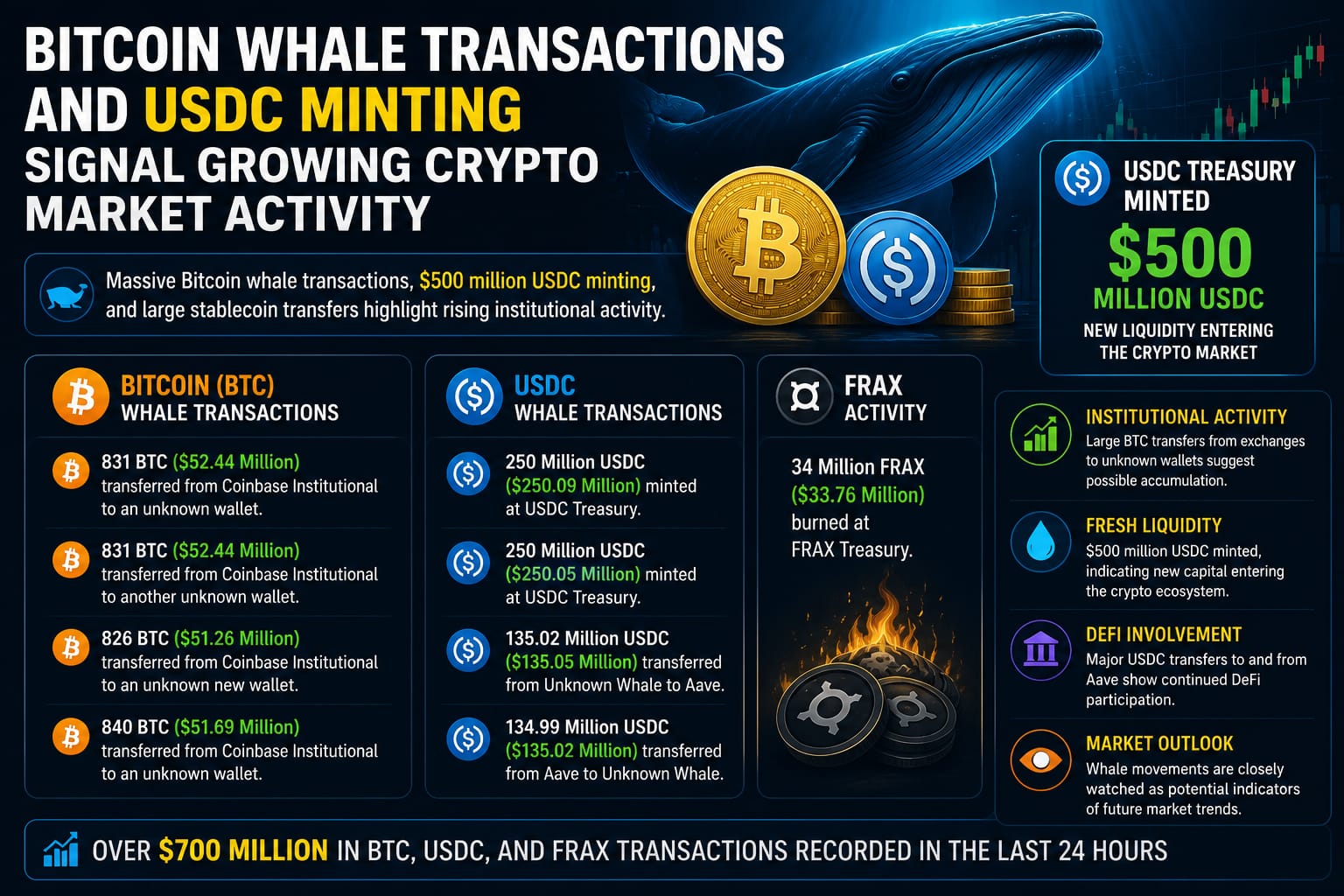 Bitcoin whale transactions and USDC minting activity in the crypto market.