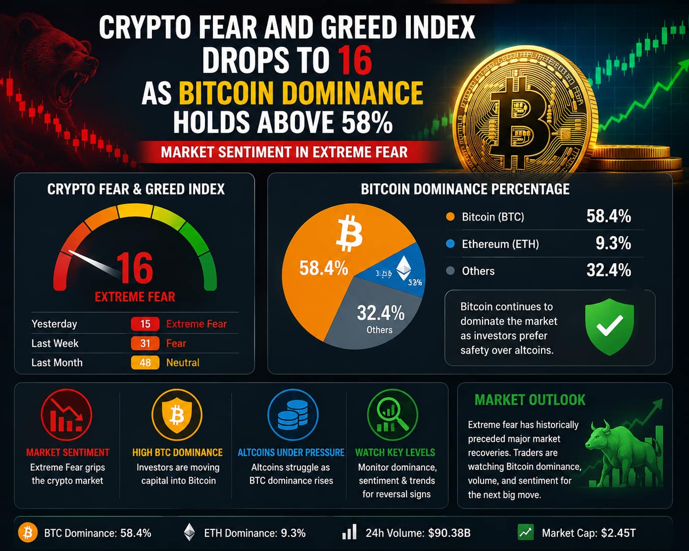 Crypto Fear and Greed Index at 16 with Bitcoin Dominance above 58%.