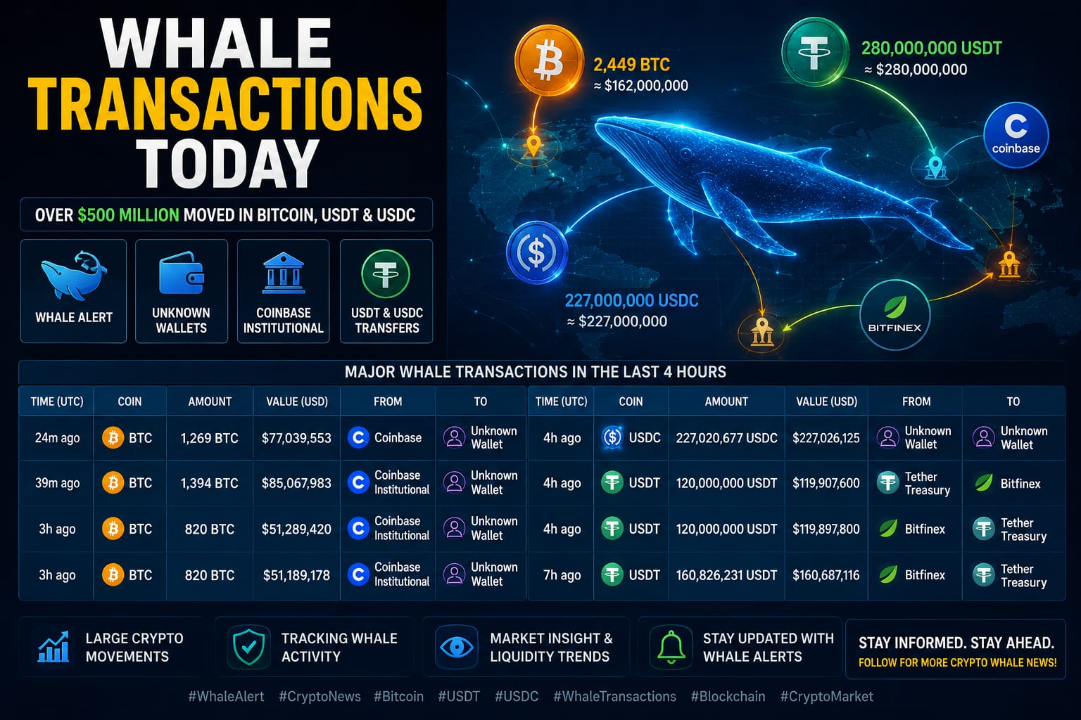 Bitcoin, USDT and USDC whale transactions today