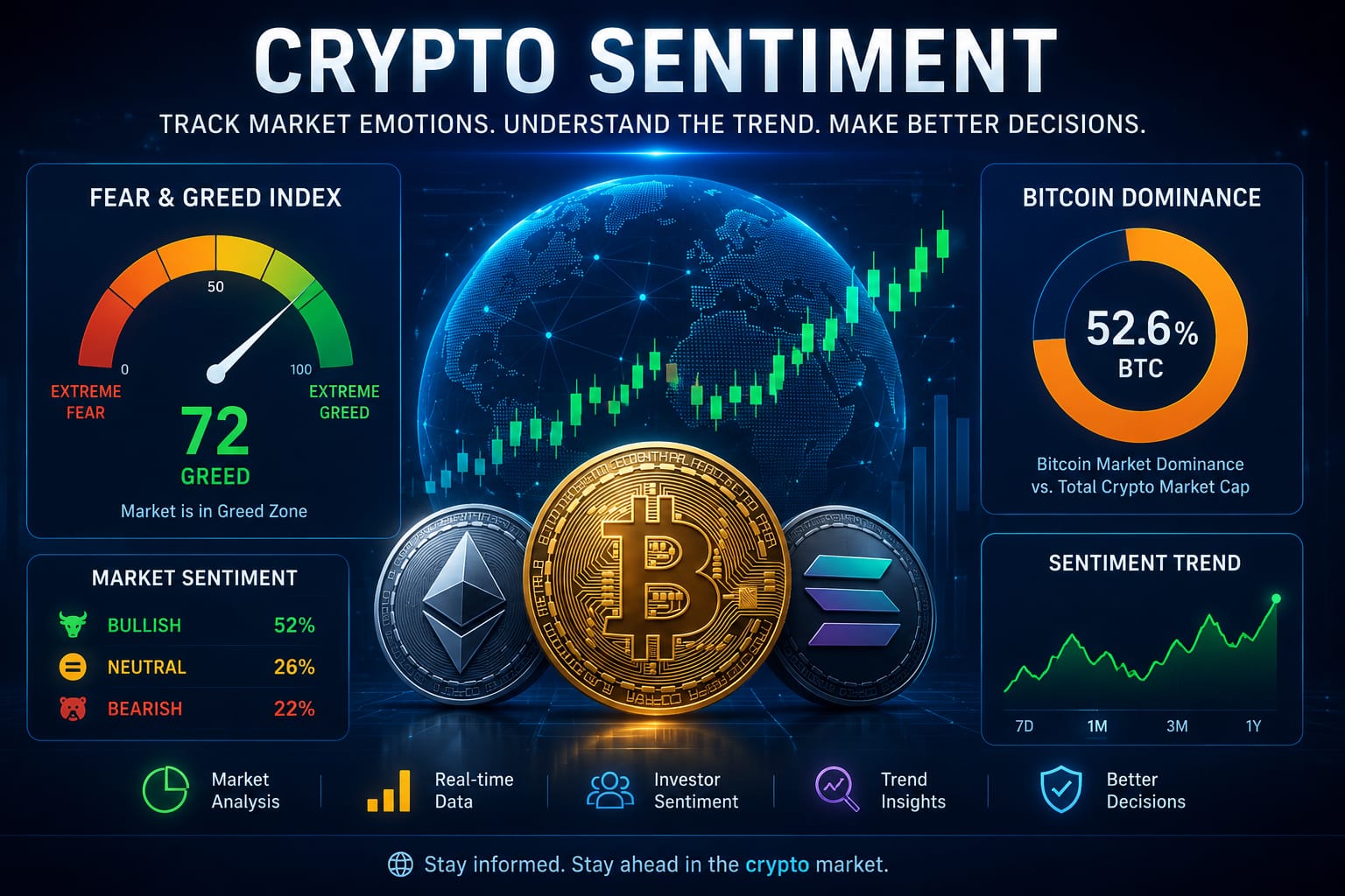 Crypto sentiment dashboard showing Fear and Greed Index and Bitcoin dominance data.