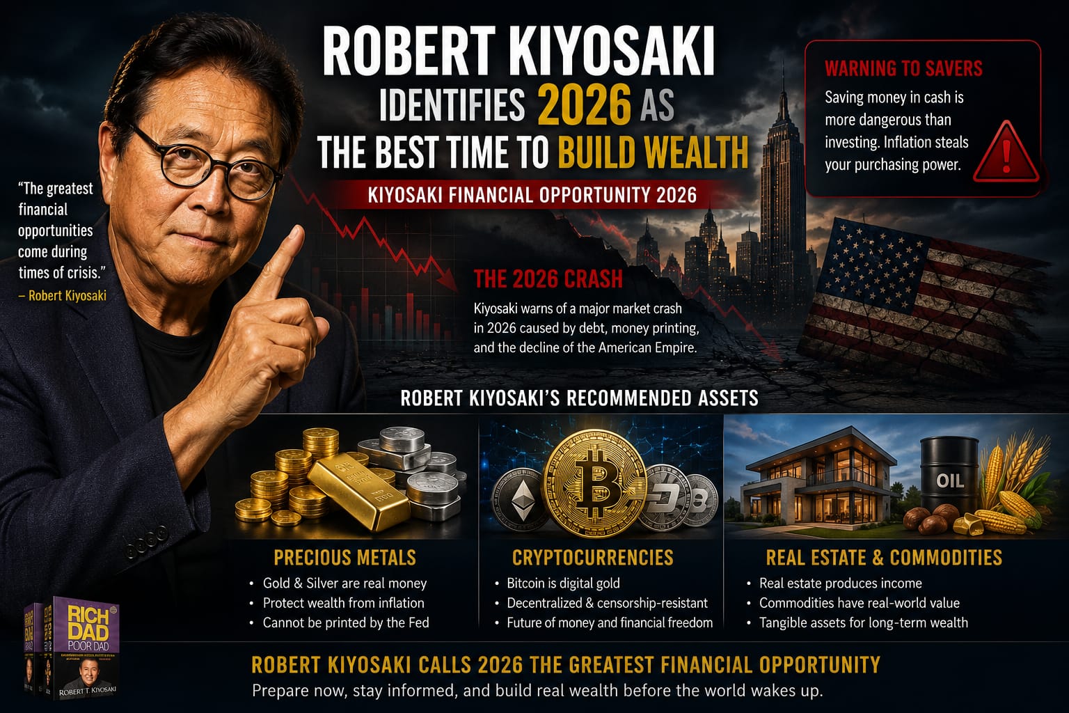 Robert Kiyosaki discussing 2026 wealth-building opportunities with crypto, gold, silver, and real estate investments.
