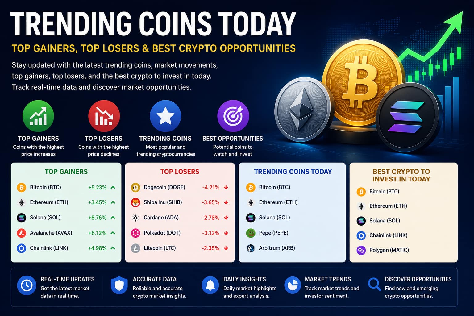 Trending coins, top gainers, top losers, and crypto market opportunities.