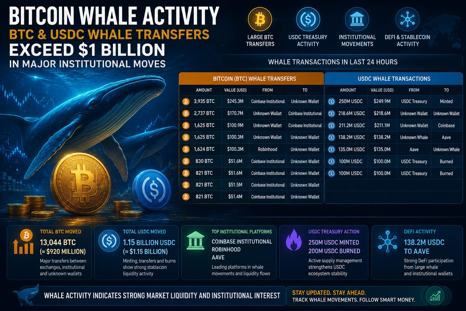 Bitcoin and USDC whale transactions exceeding $1 billion, featuring large crypto whales, Bitcoin coins, stablecoin symbols, and institutional crypto transfer data.