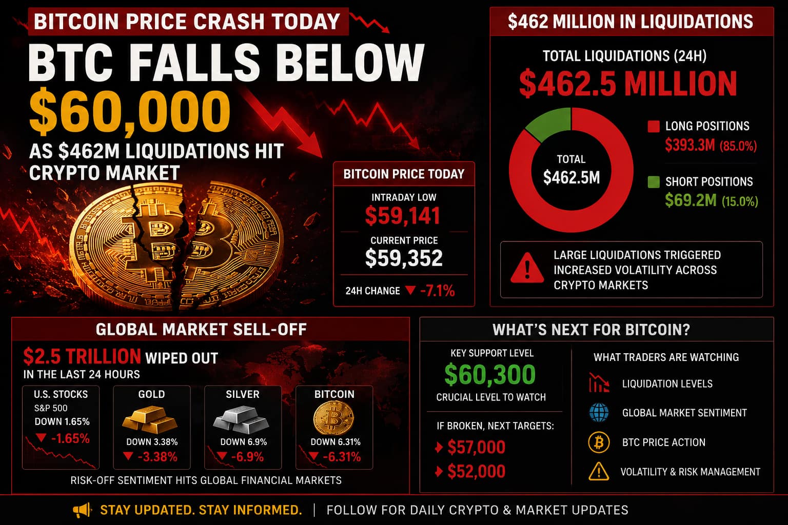 Bitcoin falls below $60,000 as liquidations surge and global market sell-off weakens crypto sentiment