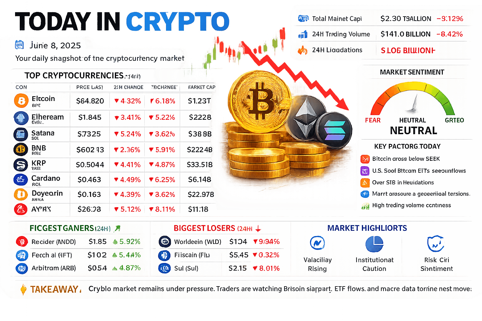 Today in Crypto market update showing Bitcoin and altcoin prices