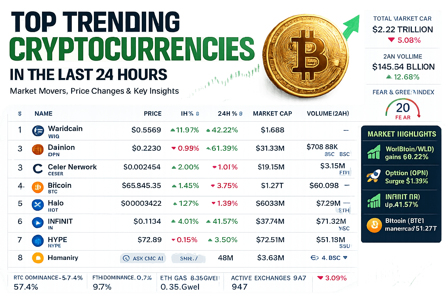 Top Trending Cryptocurrencies Today including Worldcoin, Opinion, INFINIT and Bitcoin