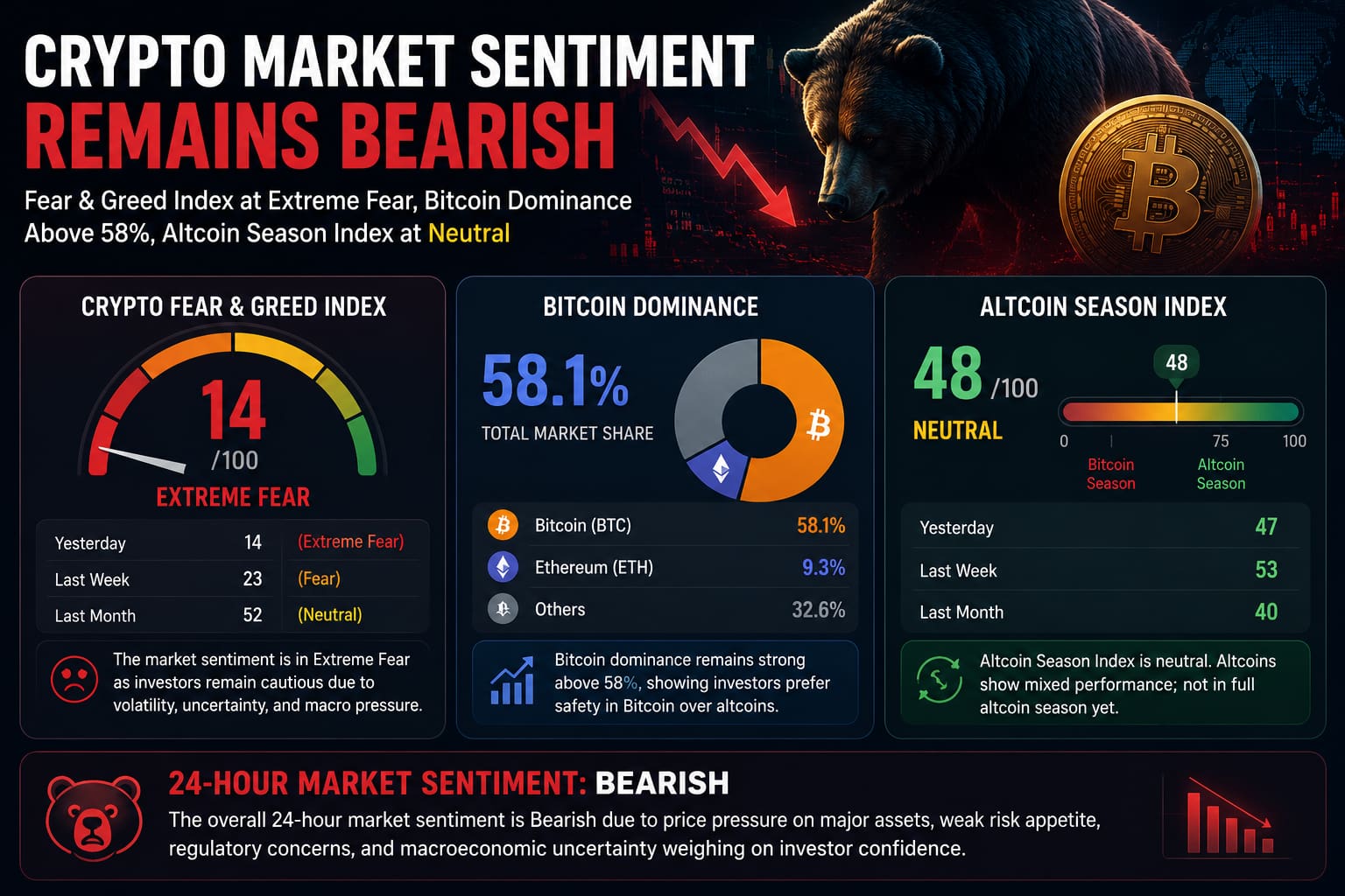 Crypto market sentiment dashboard showing Fear & Greed Index, Bitcoin Dominance, and Altcoin Season Index.