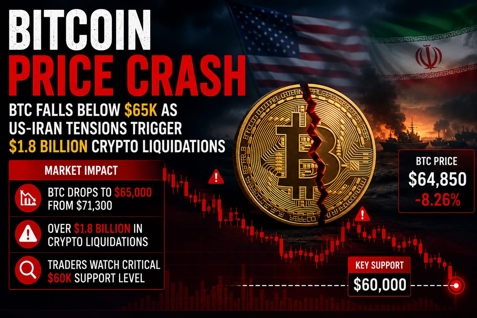 Bitcoin Price Crash after US-Iran tensions trigger $1.8 billion crypto liquidations