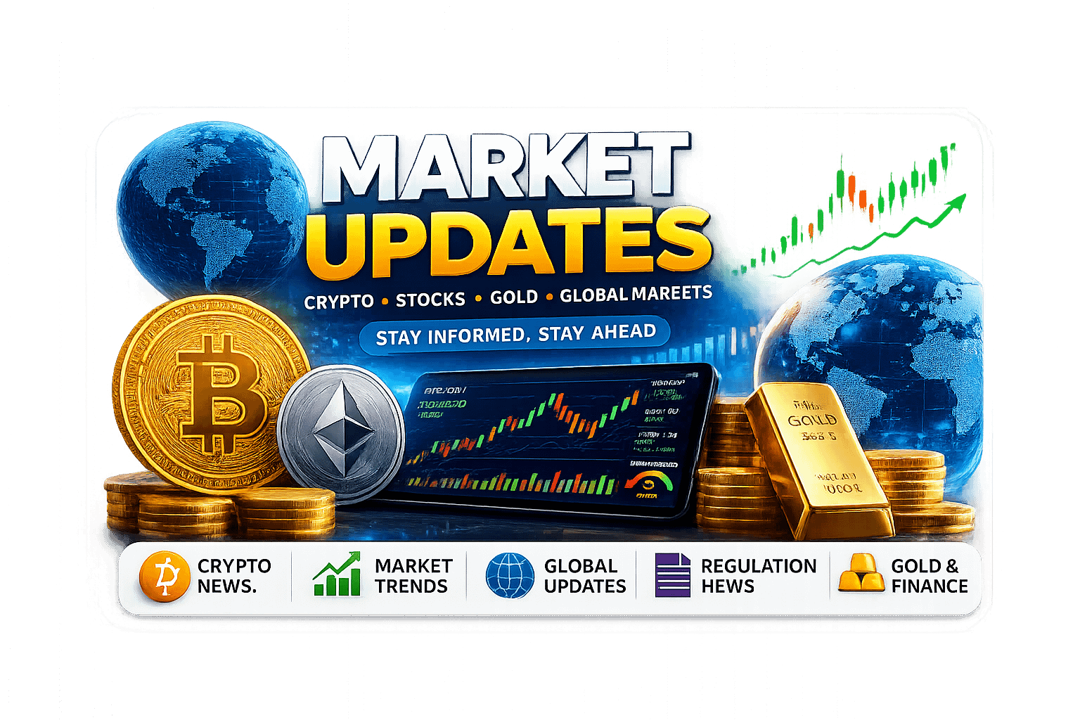 Market updates image with crypto, stocks, gold, and global finance trends